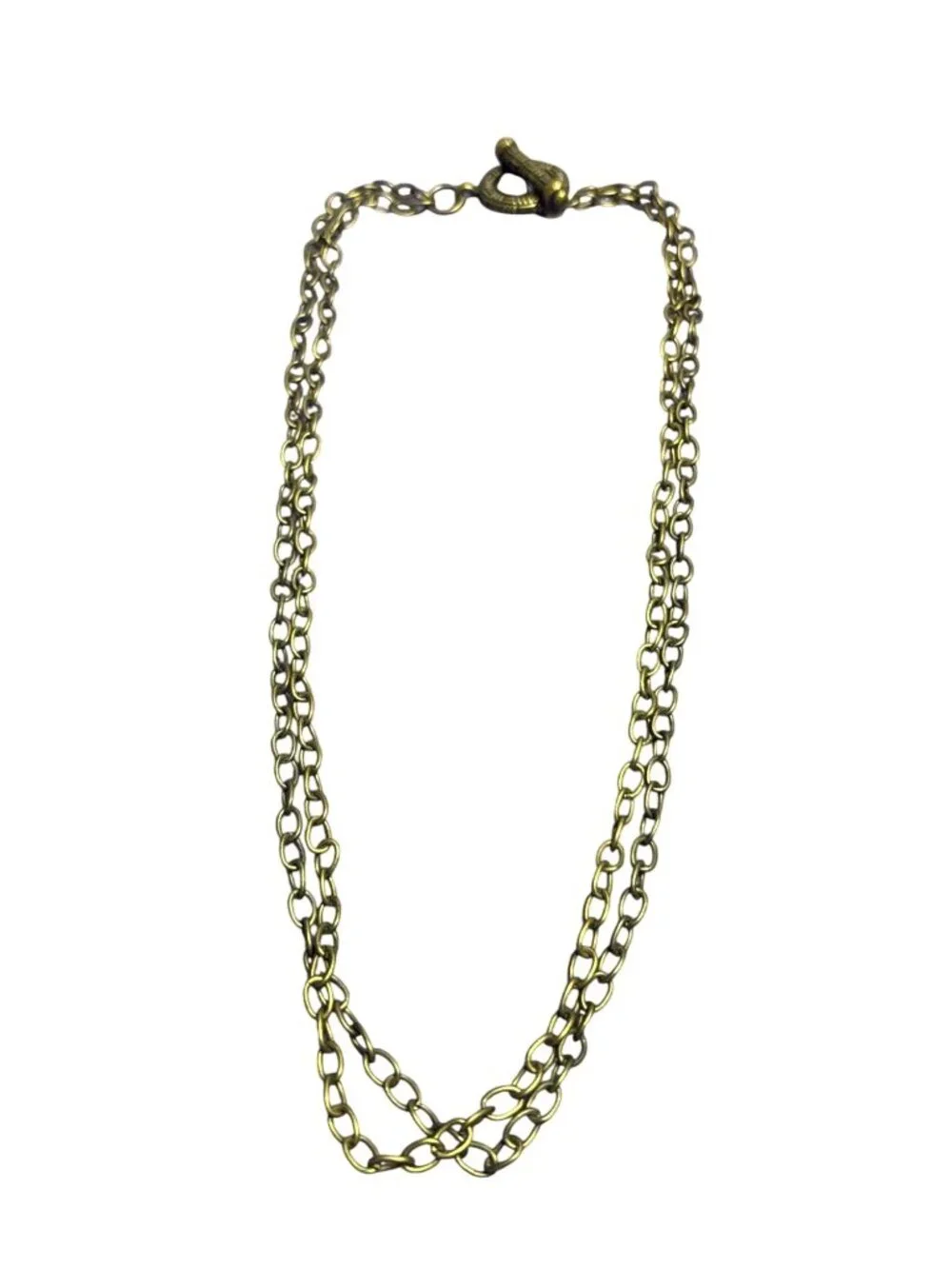 Antiqued Goldtone 2 Strand Chain Necklace Basketweave Toggle Clasp 18 inches